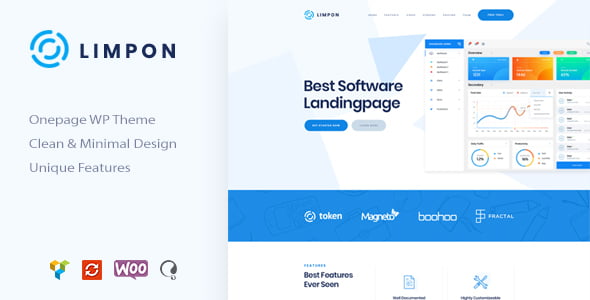 Limpon app landing page WordPress theme showcasing a modern responsive software landing page layout