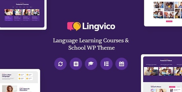 Lingvico language center WordPress theme preview with modern education website layout