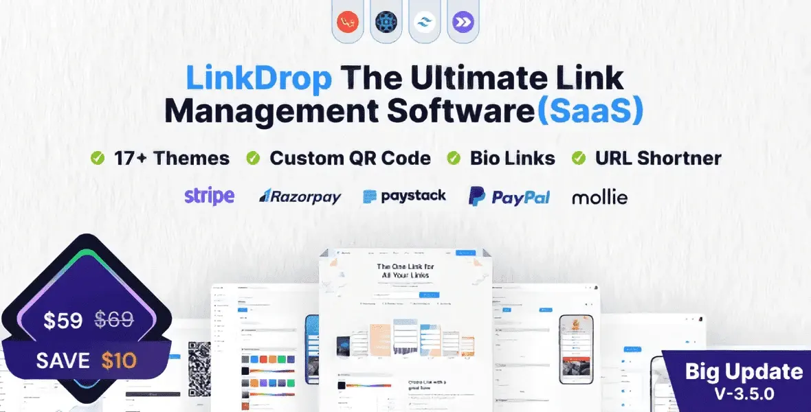 Linkdrop SaaS link management tool interface showing QR code generation and URL shortening features