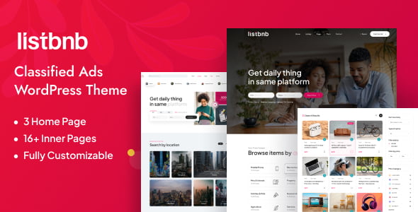 Listbnb WordPress theme homepage demo showing classified listings grid with property cards, search filters, and category navigation