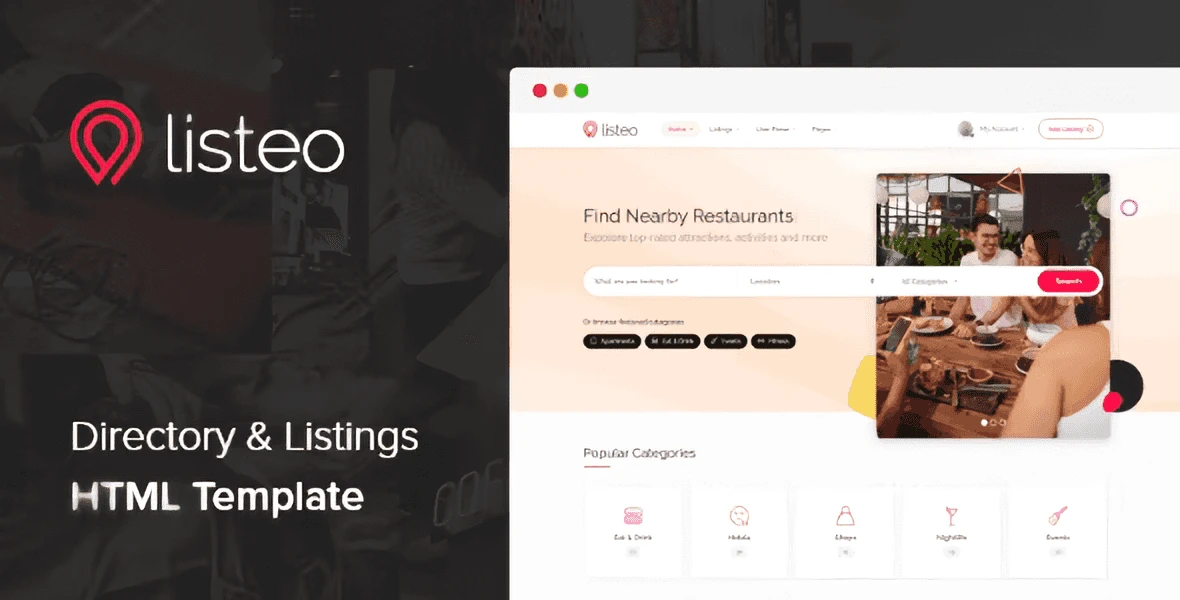 Listeo directory HTML template screenshot showing user dashboard and Google Maps listing view