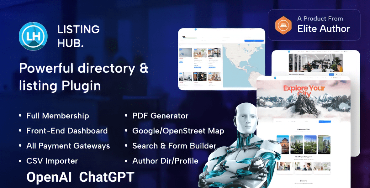 ListingHub WordPress business directory plugin interface showing listing management and directory features
