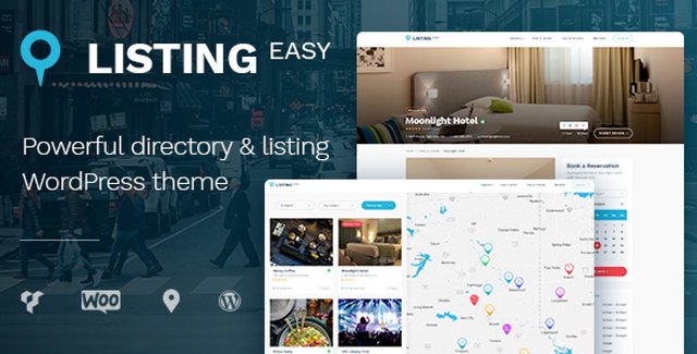 ListingEasy WordPress directory theme homepage showing business listings for restaurants, hotels, and local attractions with search filters