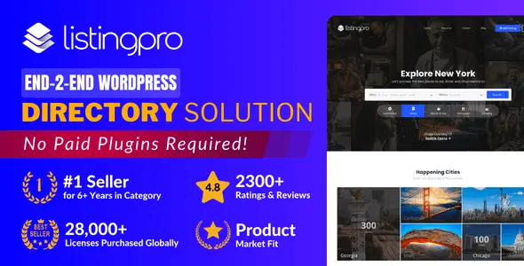ListingPro directory WordPress theme interface with MapBox integration for professional business listings