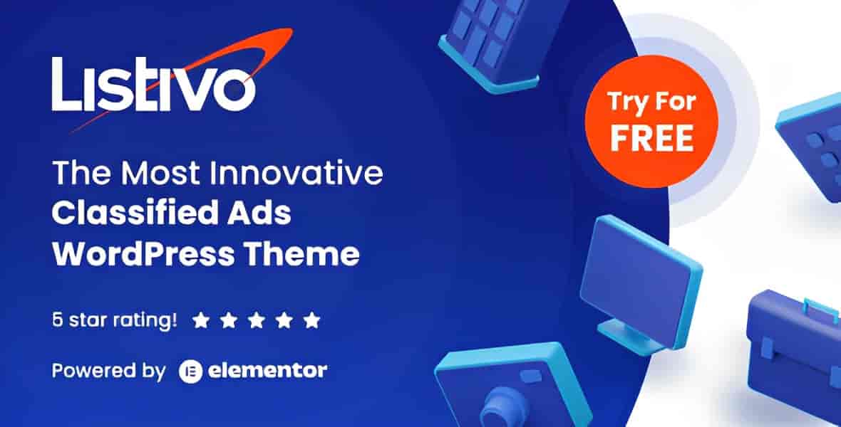 Listivo WordPress theme dashboard showing drag-and-drop directory builder and custom search configuration