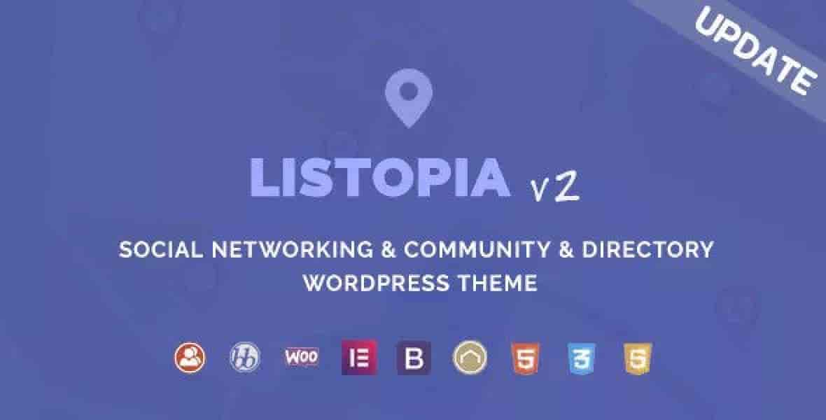 Listopia WordPress directory theme dashboard showing front-end submission form, BuddyPress member profile, and Google Maps listing view