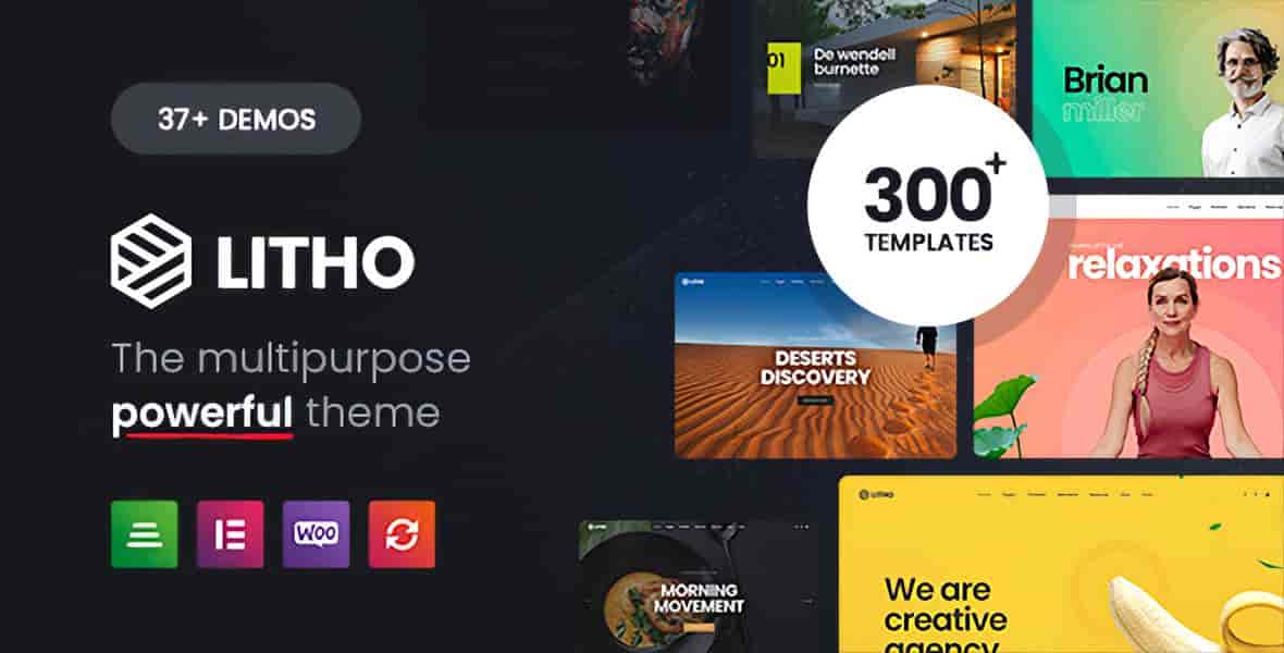 Litho multi-purpose Elementor WordPress theme dashboard showing homepage demo selection and drag-and-drop editor interface