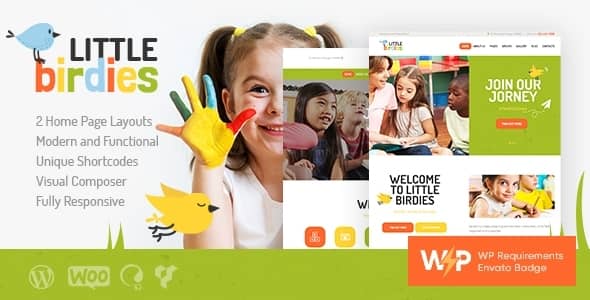 Little Birdies children WordPress theme homepage layout with colorful design for preschool and childcare websites