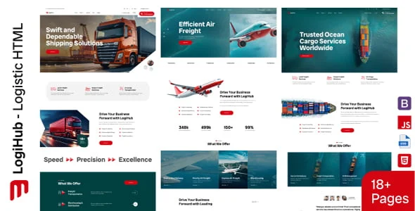 LogiHub responsive logistics HTML template preview showing professional transportation and supply chain website layout