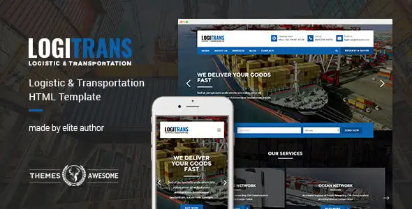 LogiTrans logistics and transportation HTML template showing responsive homepage layout with professional design