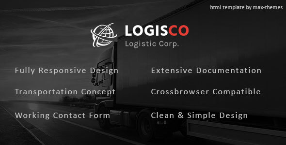 Logisco logistics and transportation HTML template showcasing clean modern design with portfolio layouts and Google Maps integration