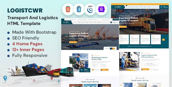 Logistcwr logistics HTML template homepage preview showing responsive transport website design