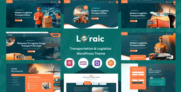 Loraic transportation and logistics WordPress theme homepage preview showcasing Elementor-powered layout for shipping and cargo businesses