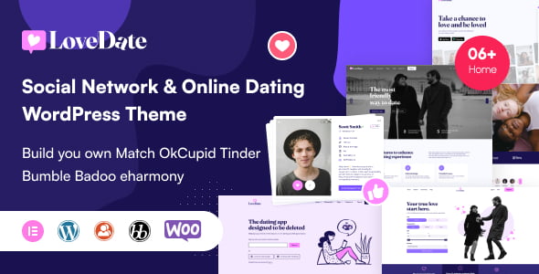 LoveDate dating WordPress theme preview with BuddyPress and Elementor compatibility