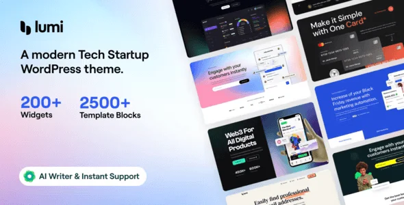 Lumi tech startup WordPress theme dashboard showing Elementor template blocks and demo import options