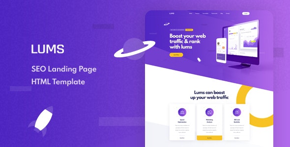 Lums multi-concept SEO landing HTML template preview with animated layout
