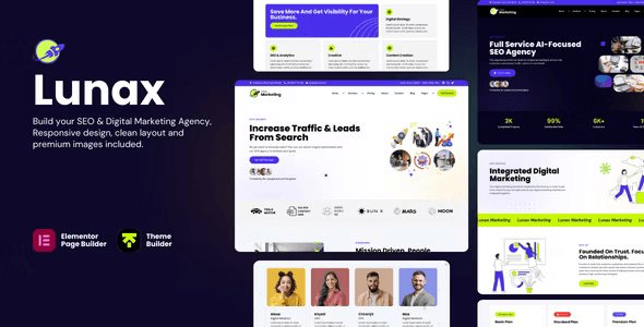 Lunax digital marketing WordPress theme preview showing responsive agency website layout