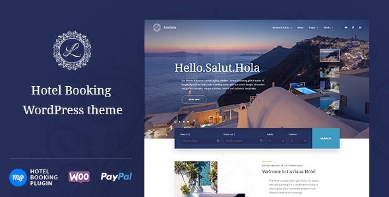 Luviana hotel booking WordPress theme showcasing modern hospitality website layout with room booking interface