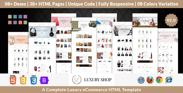 Luxury Shop ecommerce HTML5 template preview with product banner and organized content blocks