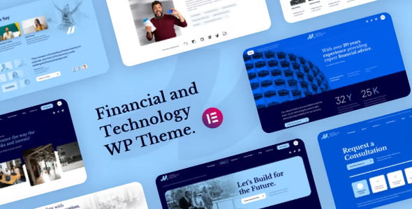 MLab Financial Technology WordPress Theme homepage showing clean banking website design with Elementor editor
