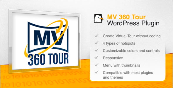 MV 360 Tour WordPress plugin interface showing interactive 360 virtual tour with hotspot navigation