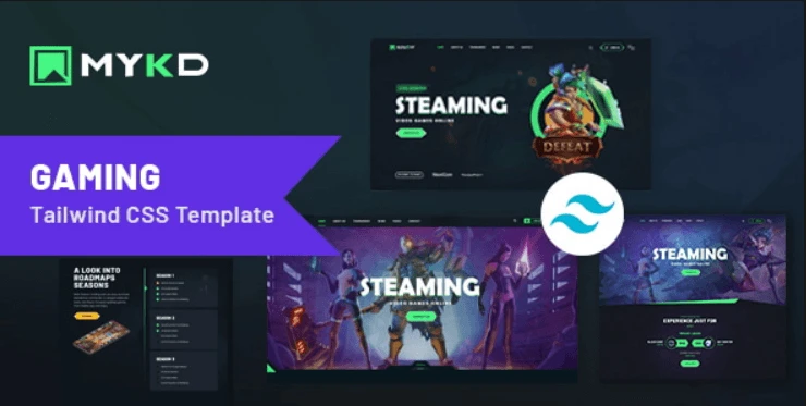 MYKD Tailwind esports HTML template showcasing gaming website design with NFT and player profile layouts