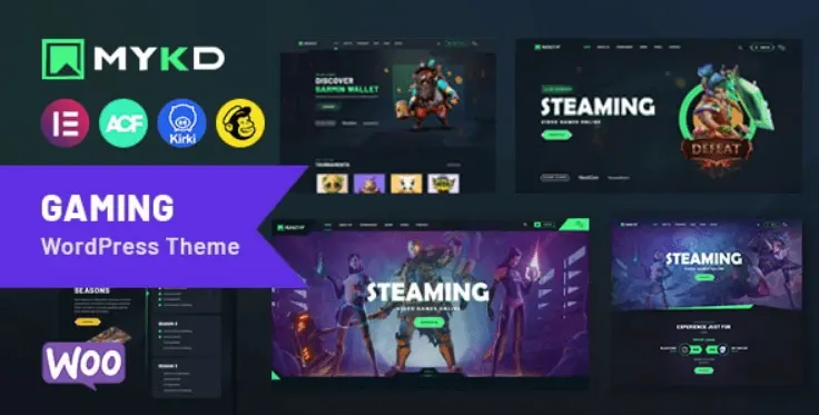 MYKD eSports gaming WordPress theme homepage showing tournament schedule, team roster, and NFT game showcase sections