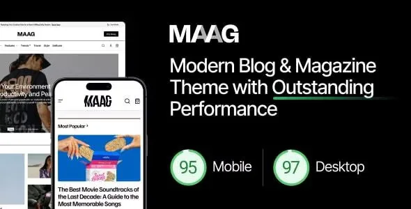 Maag WordPress blog theme showcasing a modern magazine layout with content-focused design