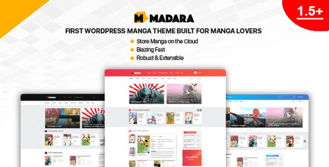 Madara manga WordPress theme preview showing a modern manga reading website layout