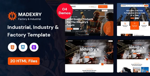 Madexry factory and industrial HTML template preview showcasing multiple industry-specific homepage designs