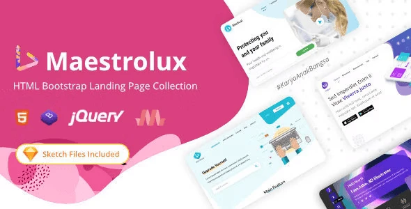 Maestrolux landing page template collection featuring 14 HTML5 designs with dark mode and Bootstrap 5
