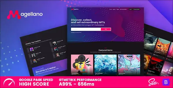 Magellano NFT Marketplace HTML Template preview showing dark mode dashboard with featured collections and responsive grid layout
