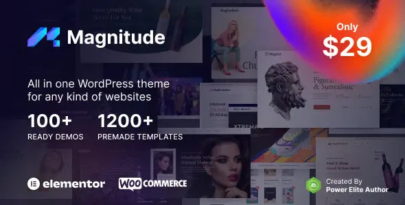 Magnitude multi-purpose Elementor WordPress theme dashboard showing flexible layout options and WooCommerce shop templates