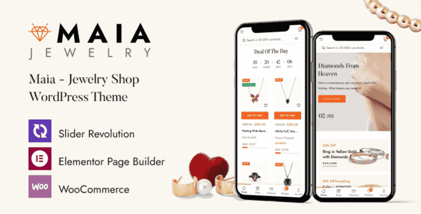 Maia WordPress theme homepage showing minimalist jewelry store design with product grid and clean navigation
