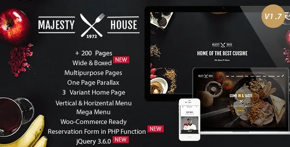 Majesty Restaurant HTML5 Template showcasing parallax one-page layouts for food businesses