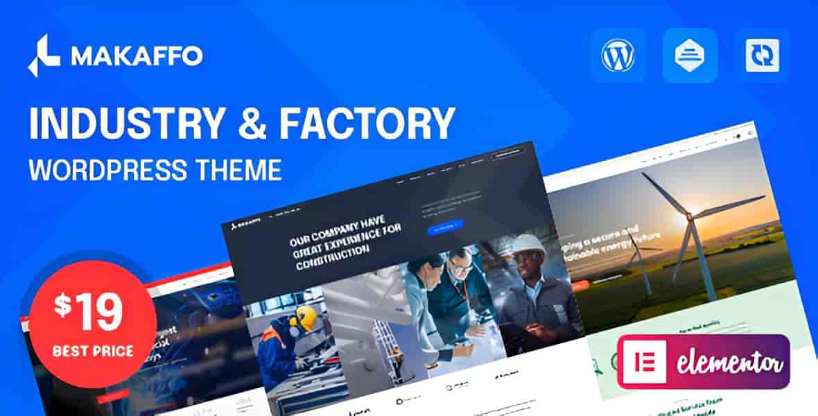Makaffo industrial WordPress theme homepage design for manufacturing and factory websites