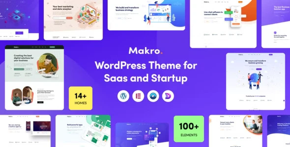 Makro SaaS WordPress theme homepage preview showing dark mode dashboard with pricing tables and feature grids