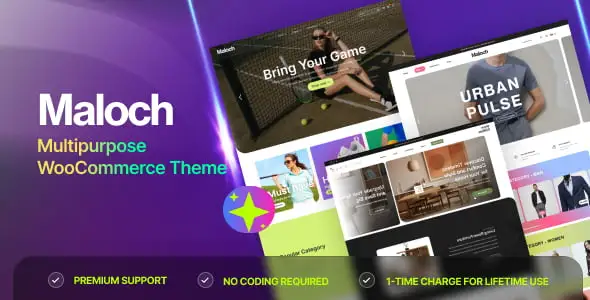 Maloch multipurpose WooCommerce Elementor theme dashboard showing drag-and-drop page builder interface