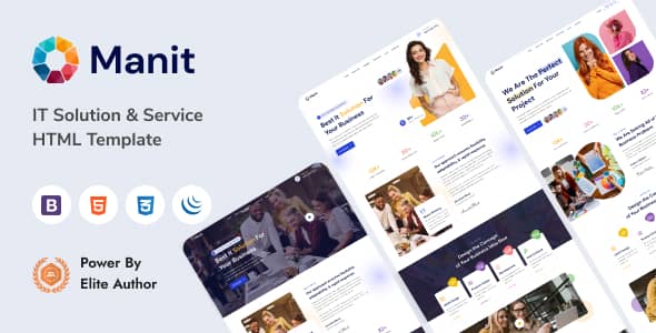Manit IT solutions HTML template homepage showing parallax hero, services grid, and responsive layout on desktop and mobile