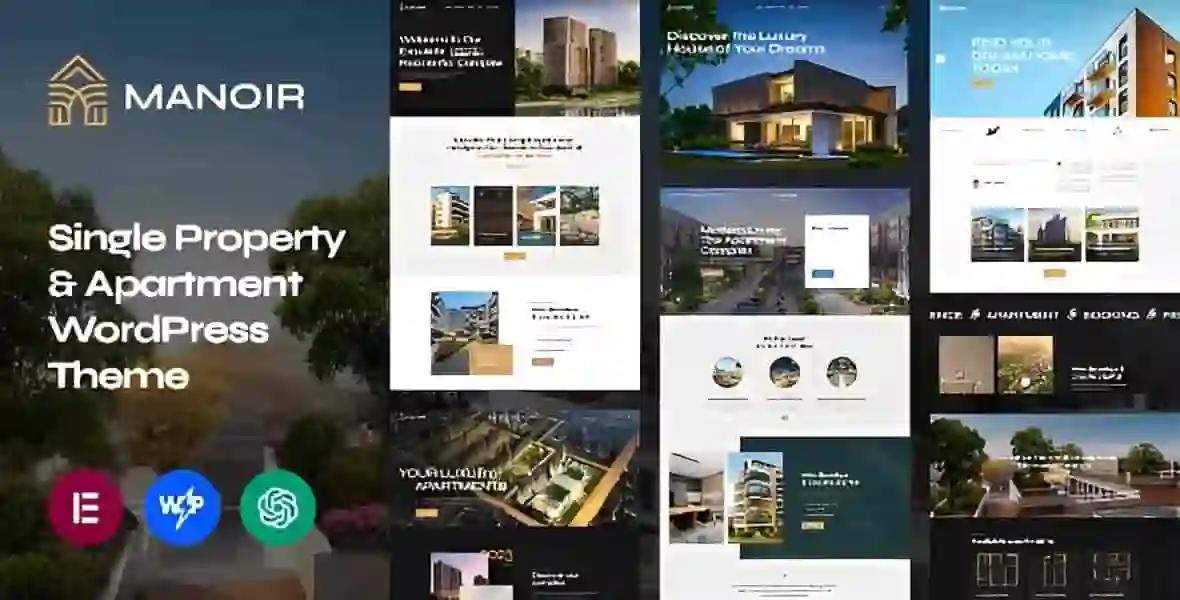 Manoir Real Estate WordPress Theme dashboard preview showing Elementor property listing layout