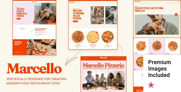 Marcello WordPress theme homepage demo showing pizza restaurant layout with menu sections and hero banner