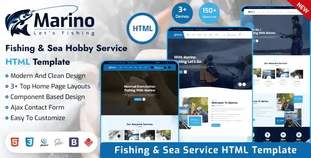 Marino fishing club HTML template homepage preview with outdoor maritime design