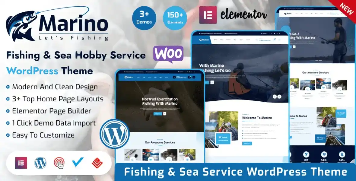 Marino fishing and sea hobby WordPress theme homepage with modern outdoor design