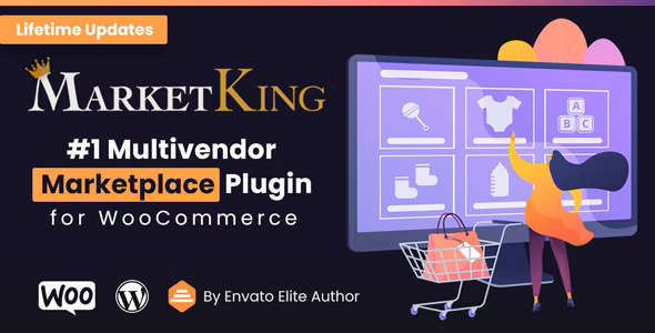 MarketKing WordPress admin dashboard showing multi-vendor marketplace overview with sales, commissions, and vendor activity metrics