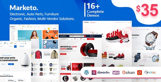 Marketo multivendor WordPress theme showcasing a clean WooCommerce marketplace layout