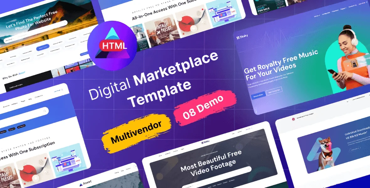 Markety digital marketplace HTML template homepage showing responsive product grid for stock photos, audio, and video categories