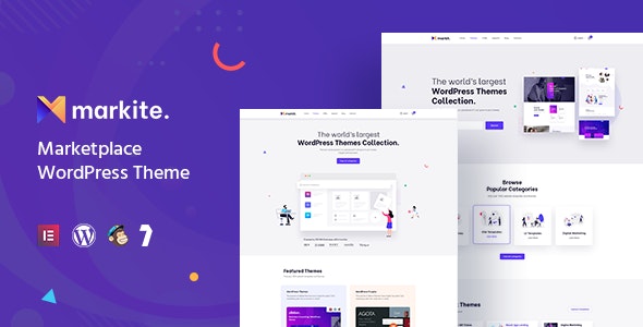 Markite digital marketplace WordPress theme preview with Elementor-powered WooCommerce layout
