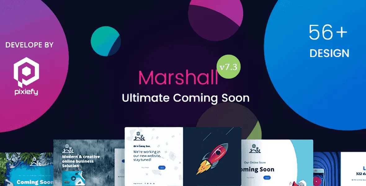 Marshall coming soon HTML template preview with multiple design concepts