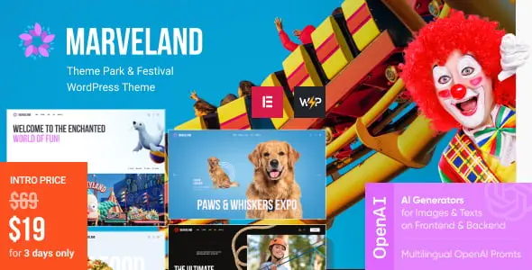 Marveland WordPress theme homepage showing vibrant theme park design with event schedule and ticket booking