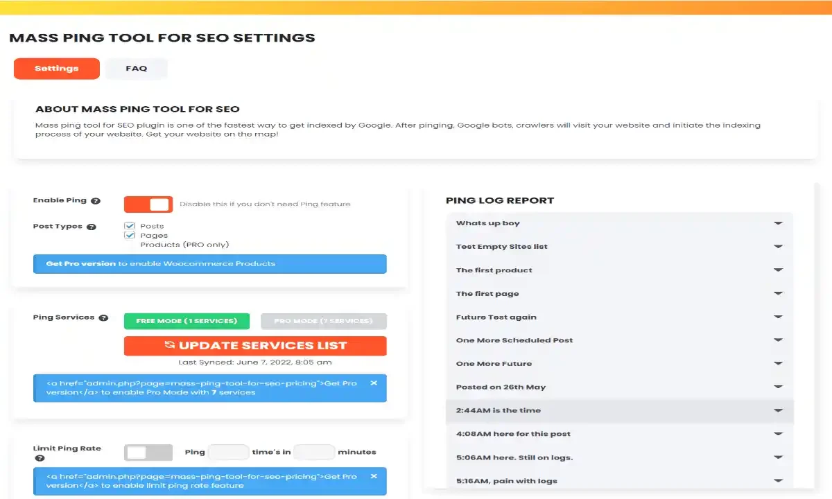Mass Ping Tool For SEO PRO WordPress plugin dashboard interface
